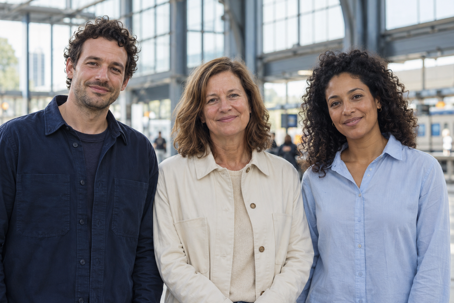 Drie fictieve volwassenen als voorbeeld van reizigers en metromaatjes, AI-gegenereerd
